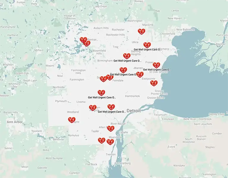 A map of all the Get Well Urgent Care locations.